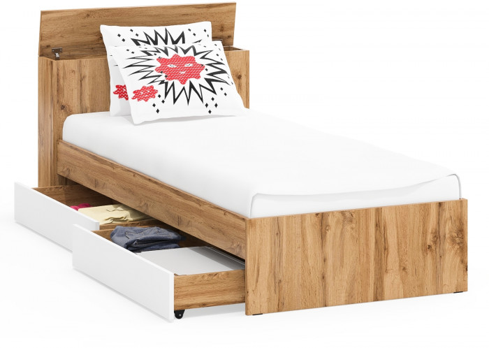 Ксения Кровать с ящиками 0900, цвет дуб вотан/белый, ШхГхВ 96,4х221,6х72 см., сп.м. 900х2000 мм., без матраса, основание есть, ун. сб.
