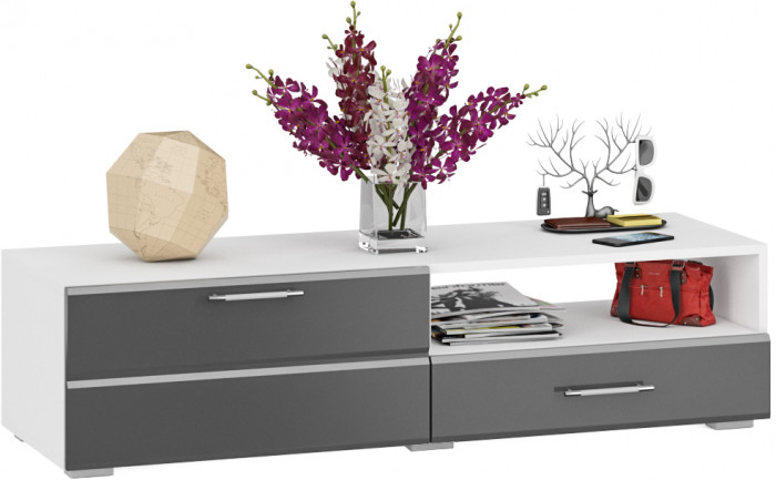 Тумба под ТВ Ларго 1,4, цвет корпус белый/фасады МДФ графитово-серый глянец, ШхГхВ 140х46х35 см., НЕ универсальная сборка