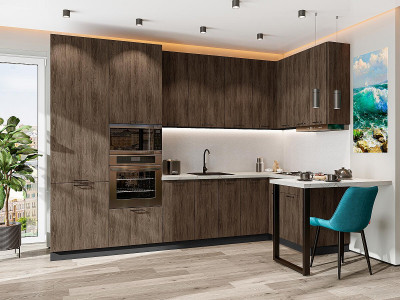 Кухонный гарнитур угловой Флэт-06, МДФ, 320×135 см, Белый/Коричневый дуб (Пирит светлый)