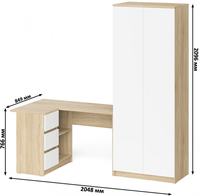 Мори Стол компьютерный МС-16 левый + Шкаф МШ800.1, цвет дуб сонома/белый, ШхГхВ 204,8х84,9х209,6 см., выдвижные ящики слева, НЕ универсальная сборка