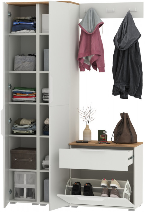 Октава Прихожая 19, белый шагрень/дуб крафт золотой/фасады МДФ белый шагрень