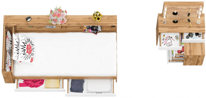 Ксения Кровать с ящиками 0900 + прикроватный блок + Столик с подсветкой 110, дуб вотан/белый