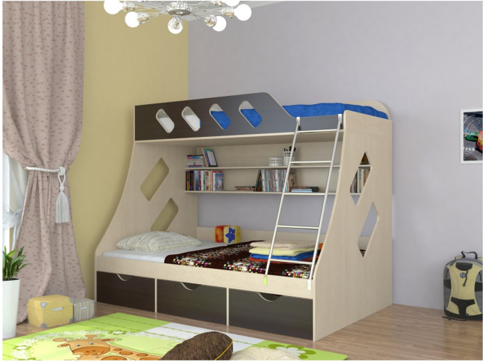 Дельта-20.01 Детская двухъярусная кровать с лестницей (Розовый, Дуб молочный)