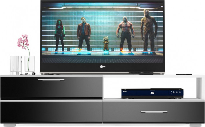 Тумба под ТВ Ларго 1,4, цвет корпус белый/фасады МДФ чёрный глянец, ШхГхВ 140х46х35 см., НЕ универсальная сборка