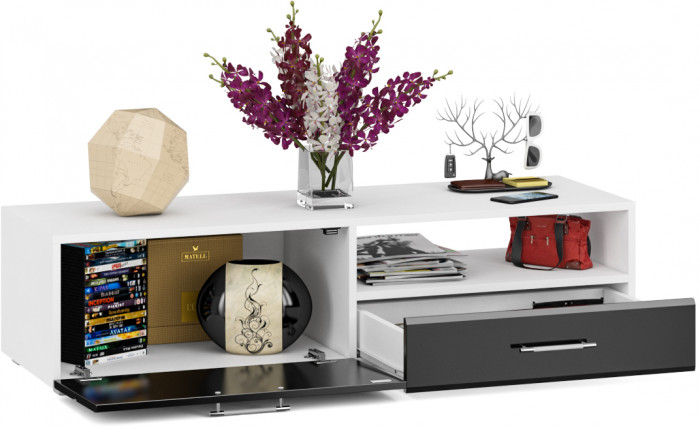 Тумба под ТВ Ларго 1,4, цвет корпус белый/фасады МДФ чёрный глянец, ШхГхВ 140х46х35 см., НЕ универсальная сборка