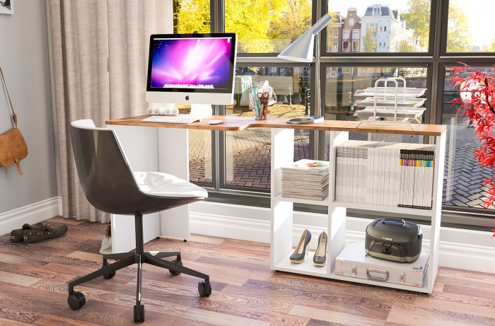 Лидер-8 Модуль Стол письменный трансформер, цвет белый шагрень/крафт золото, ШхГхВ 165х50/30х75 см. или 115х50/80х75 см., НЕ универсальная сборка