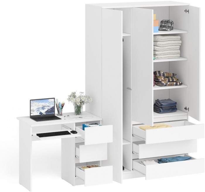 Мори Стол компьютерный МС-6 правый + Шкаф МШ1200.1, цвет белый, ШхГхВ 210,4х50,4х209,6 см., выдвижные ящики справа, НЕ универсальная сборка