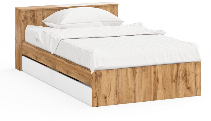 Ксения Кровать с ящиками 1200, цвет дуб вотан/белый, ШхГхВ 126,4х221,6х72 см., сп.м. 1200х2000 мм., без матраса, основание есть, ун. сб.