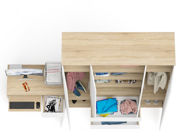 Мори компьютерный стол МС-1 правый + Шкаф МШ1600.1, дуб сонома/белый