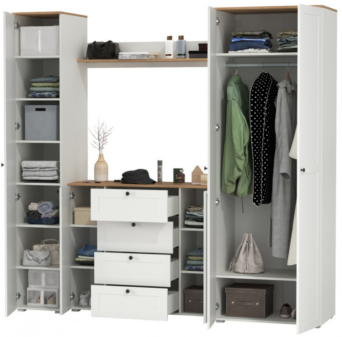 Остин Прихожая 75, цвет белый шагрень/дуб крафт золотой, ШхГхВ 240х54,3х229,6 см., универсальная сборка