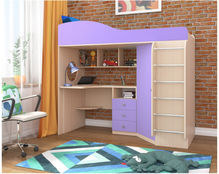 Кровать-чердак Кадет 1 с металлической лестницей (Белое дерево/Лайм)