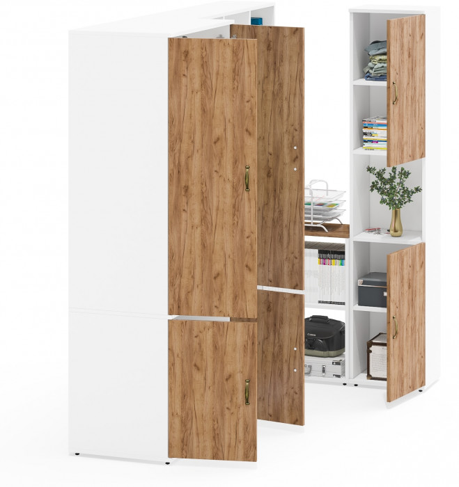 Лидер-8 Шкаф МД 19Б + Стол + Полка + Пенал, цвет белый шагрень/крафт золото, ШхГхВ 285х50/30х75/190 или 195х120х75/190 см., НЕ ун.сб.