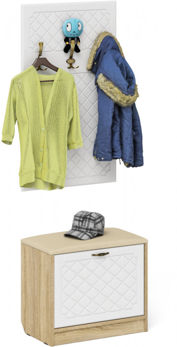 Прихожая П-6 Тумба + Вешалка, цвет дуб сонома/фасады МДФ белое дерево фрезеровка ромб, ШхГхВ 60х35х200 см.