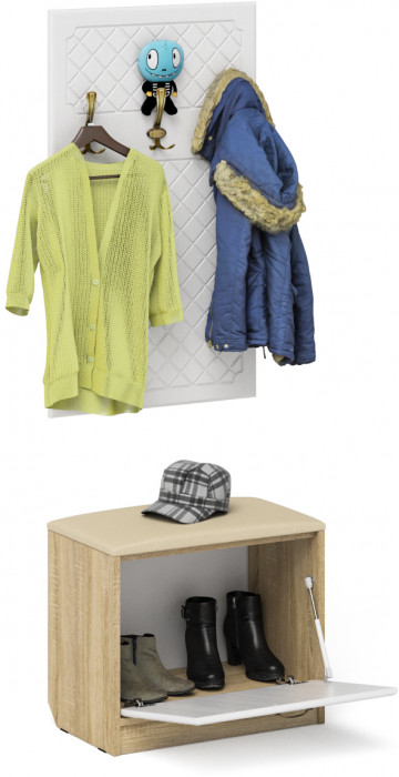 Прихожая П-6 Тумба + Вешалка, цвет дуб сонома/фасады МДФ белое дерево фрезеровка ромб, ШхГхВ 60х35х200 см.