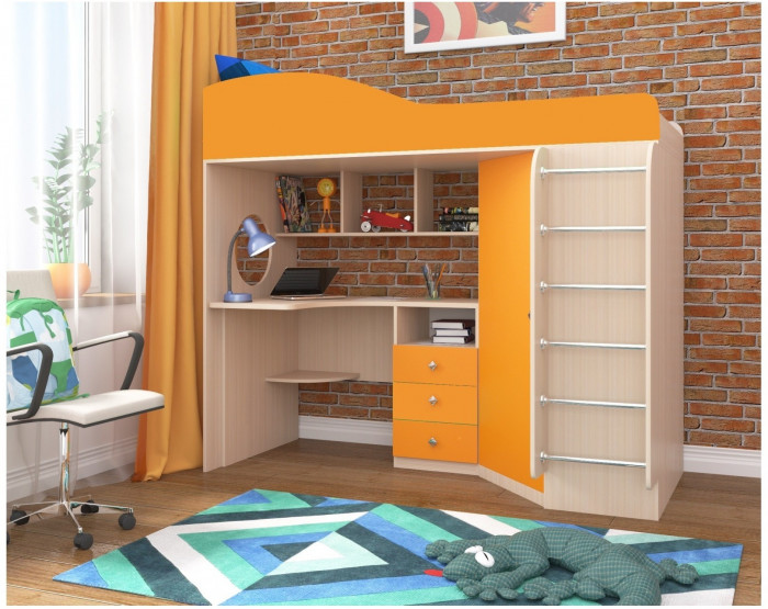 Кровать-чердак Кадет 1 с металлической лестницей (Дуб молочный/Ирис)