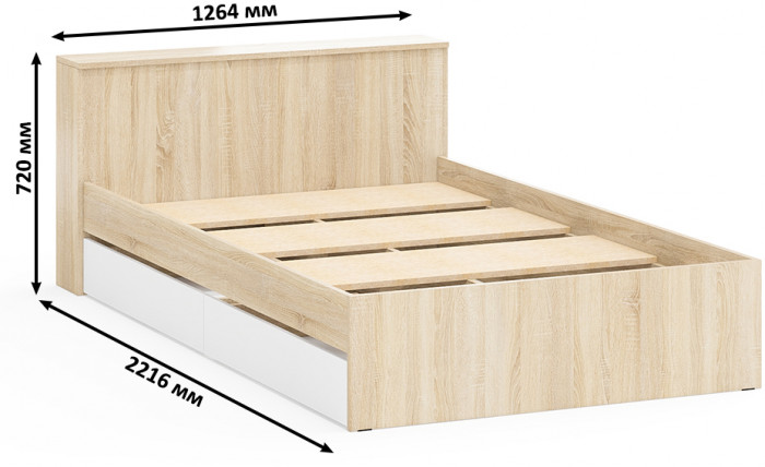 Ксения Кровать с ящиками 1200, цвет дуб сонома/белый, ШхГхВ 126,4х221,6х72 см., сп.м. 1200х2000 мм., без матраса, основание есть, ун. сб.