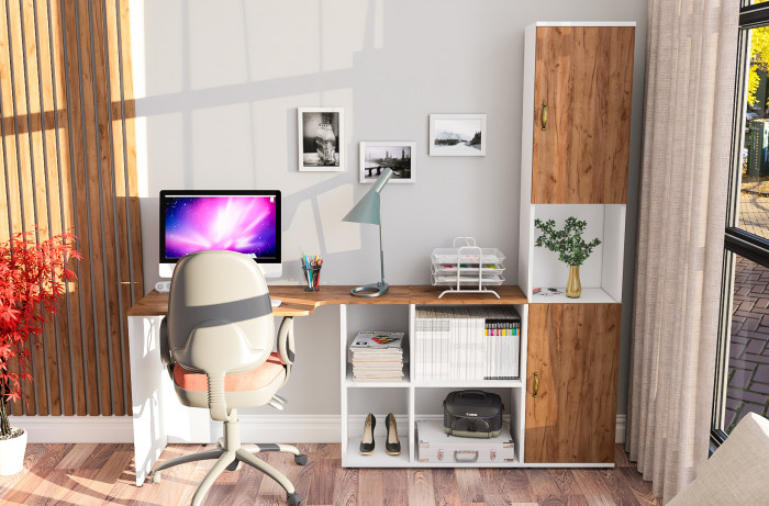 Лидер-8 Стол + Пенал, цвет белый шагрень/крафт золото, ШхГхВ 205х50/30х75/190 см. или 115х50/120х75/190 см., НЕ универсальная сборка