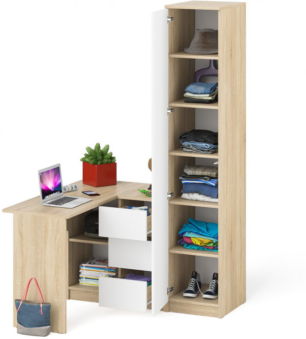 Мори компьютерный стол МС-16 правый + Пенал МШ400.1, дуб сонома/белый