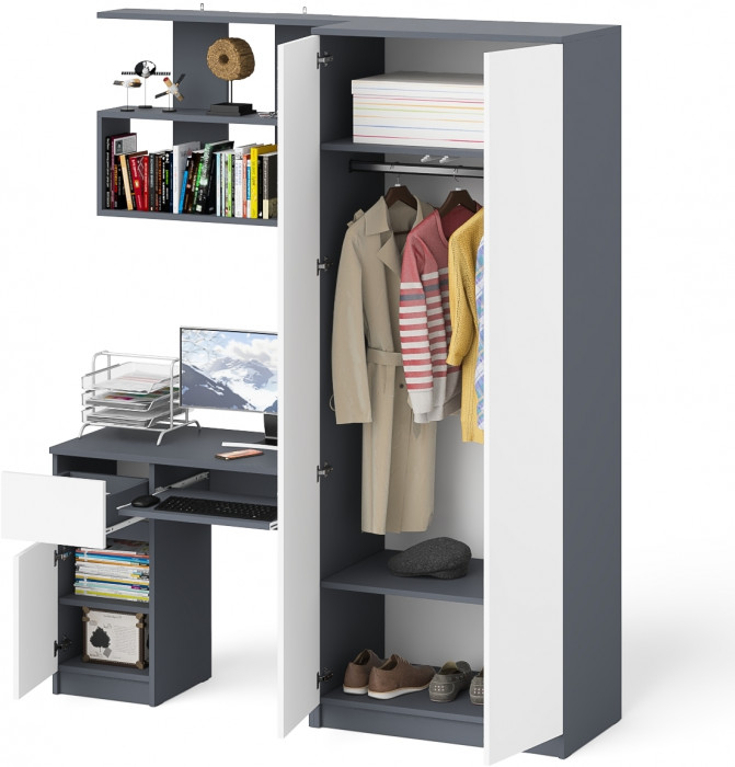 Мори компьютерный стол МС-1 левый + Шкаф МШ800.1 + Полка 900, графит/белый