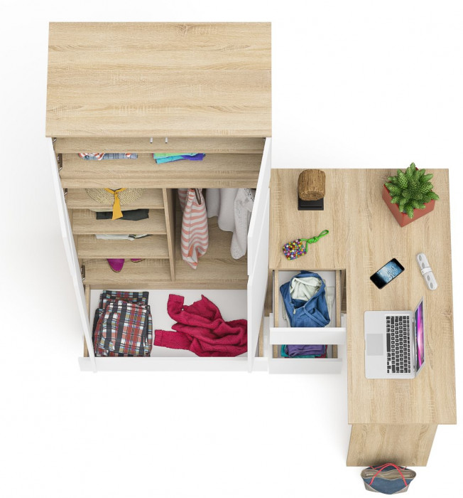 Мори Стол компьютерный МС-16 левый + Шкаф МШ900.1 + Антресоль МА900.1, цвет дуб сонома/белый, ШхГхВ 214,8х84,9х234,2 см., выд. ящ. слева, НЕ ун. сб.