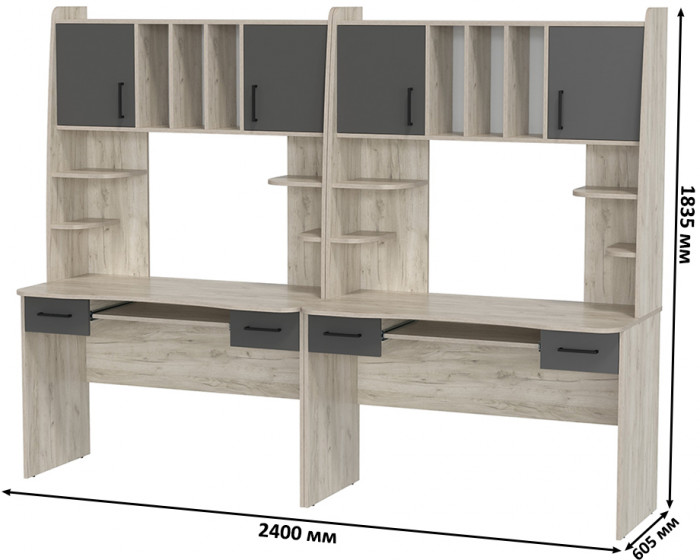 Два стола рабочих 6-0604 Бета + два кресла 103 чёрных, дуб крафт серый/графит