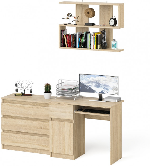 Мори компьютерный стол МС-1 левый + Комод МК800.1 + Полка 900, дуб сонома