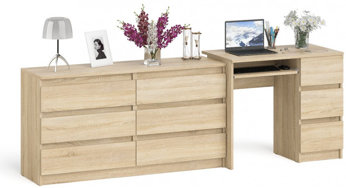 Мори компьютерный стол МС-6 правый + Комод МК1380.6, дуб сонома