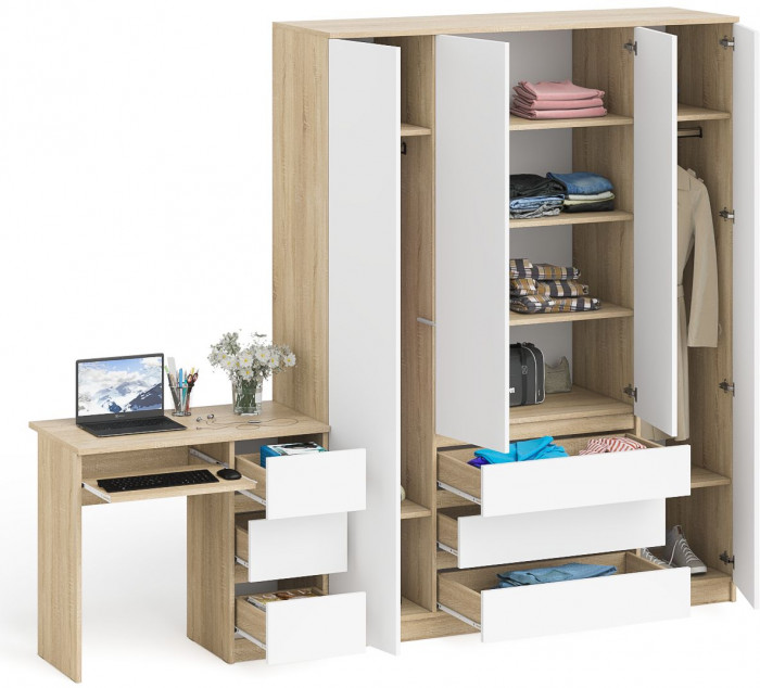 Мори компьютерный стол МС-6 правый + Шкаф МШ1600.1, дуб сонома/белый