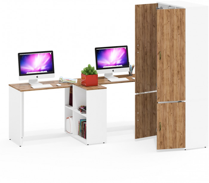 Лидер-8 Стол + Стол + Шкаф МД 20Б, цвет белый шагрень/крафт золото, ШхГхВ 410х50/37,5х75/190 или 230х160/50х75/190 см., НЕ универсальная сборка