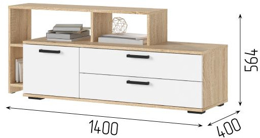 САНСА ТВ-01 Тумба под ТВ Фасад БЕЛЫЙ/Корпус ДУБ СОНОМА