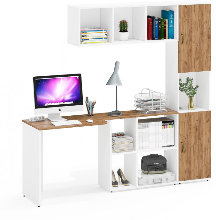 Лидер-8 Стол + Полка + Пенал, цвет белый шагрень/крафт золото, ШхГхВ 205х50/30х75/190 или 115х50/120х75/190 см., НЕ универсальная сборка