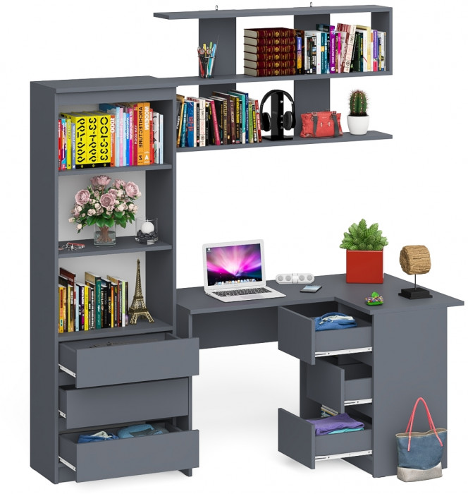 Мори компьютерный стол МС-16 правый + Стеллаж МСТ600.3 + Полка 1200, графит