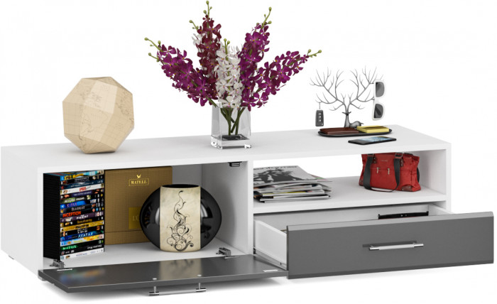 Тумба под ТВ Ларго 1, корпус белый/фасады МДФ графитово-серый глянец