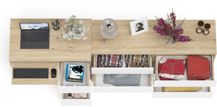 Мори компьютерный стол МС-6 правый + Комод МК1380.6, дуб сонома/белый