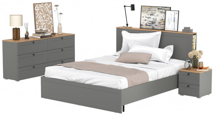 Остин 11.53 Кровать + ортопед + 16.240 Комод + 16.152 Тумба прикроватная, серый графит/дуб крафт золотой