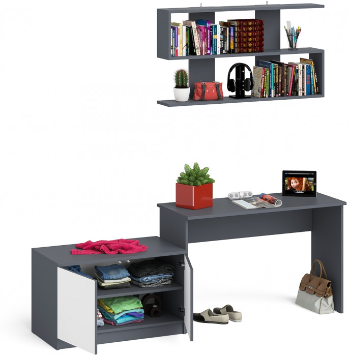 Мори Стол письменный МСП1200.1 + Тумба МА900.1 + Полка 1200, цвет графит/белый, ШхГхВ 210,8х50,4х209,6 см., универсальная сборка