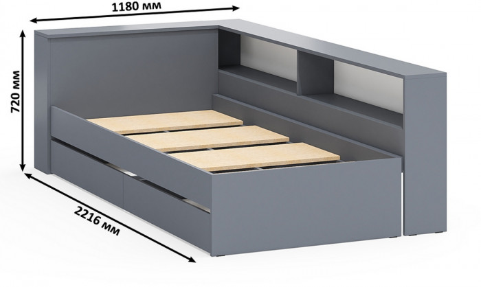 Ксения Кровать с ящиками 0900 + прикроватный блок + Столик с подсветкой 110, графит