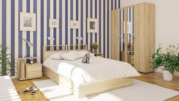 Камелия спальня № 8 Кровать с ящиками 1400 + Две тумбы + Шкаф 4-х створчатый, цвет дуб сонома, сп.м. 1400х2000 мм., б/м, основание есть