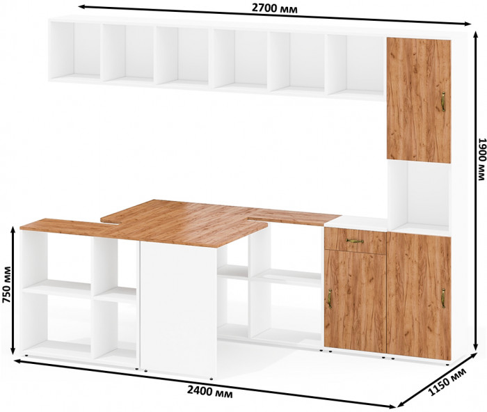 Лидер-8 Стол + Полка + Стол + Полка + Пенал + Тумба МД 3.15, цвет белый шагрень/крафт золото, 410х50/30х75/190 или 230х50/160х75/190 см., НЕ ун. сб.