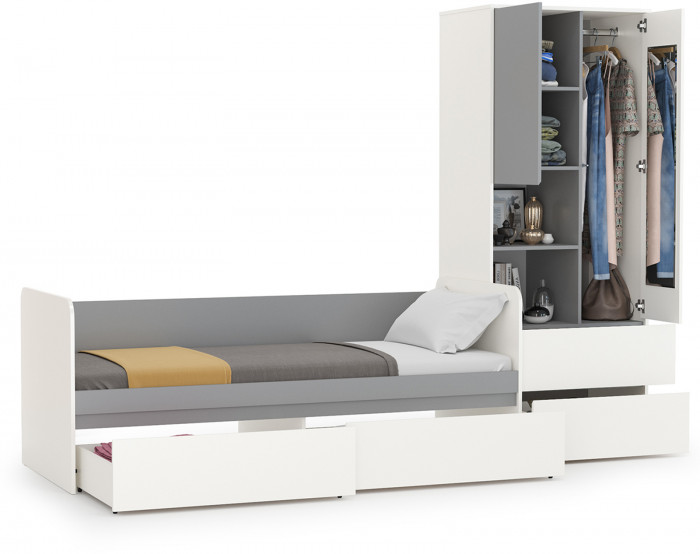 Торонто 11.39 Кровать + 13.333 Шкаф для одежды, белый шагрень/стальной серый