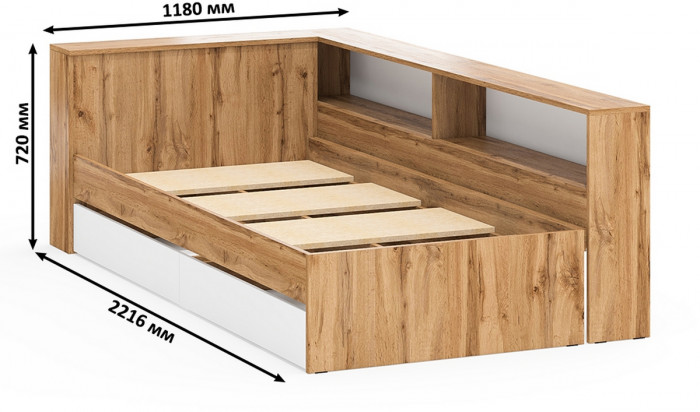 Ксения Кровать с ящиками 0900 + прикроватный блок + Столик с подсветкой Сура, дуб вотан/белый