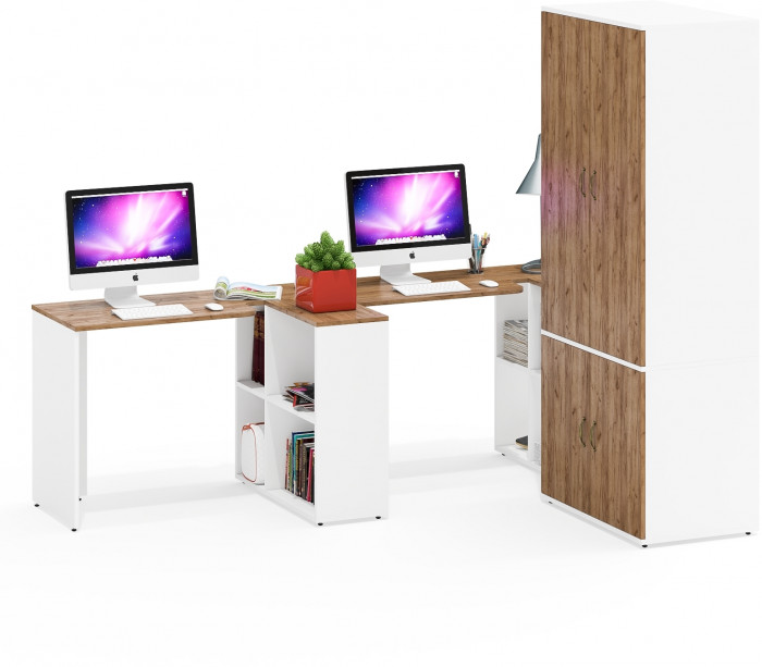 Лидер-8 Стол + Стол + Шкаф МД 19Б, белый шагрень/крафт золото