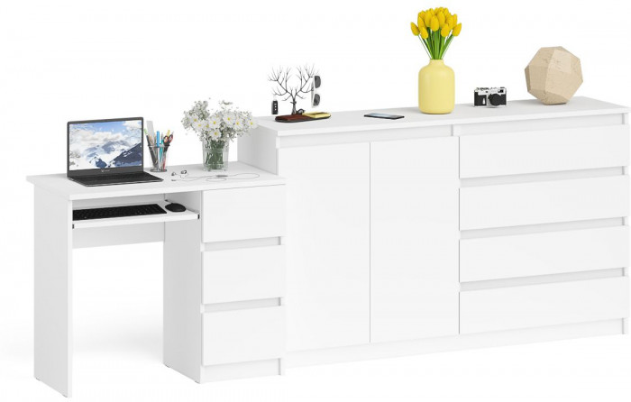 Мори компьютерный стол МС-6 правый + Комод МК1600.1, белый
