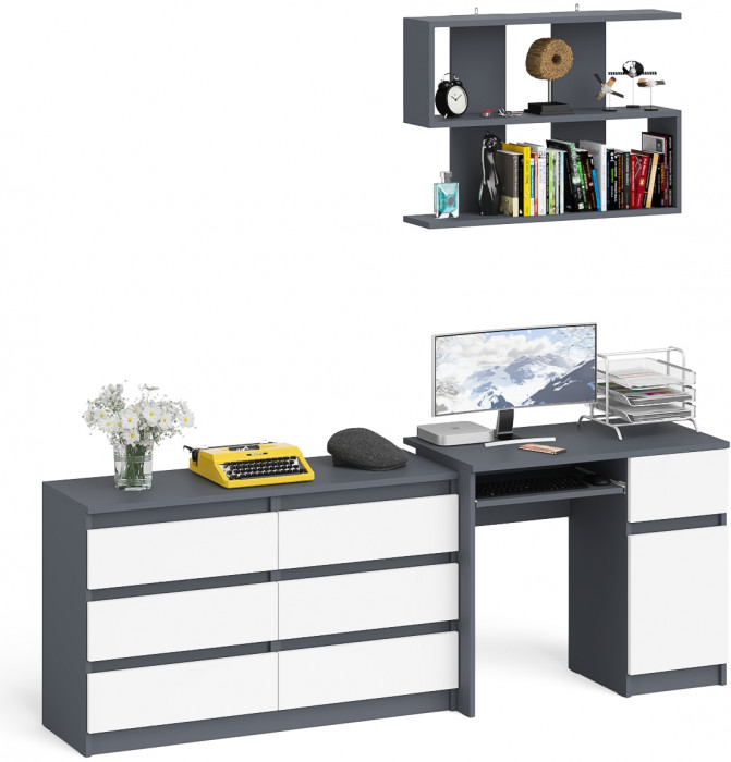 Мори Стол компьютерный МС-1 правый + Комод МК1200.6 + Полка 900, цвет графит/белый, ШхГхВ 210,4х50х209,6 см., НЕ универсальная сборка