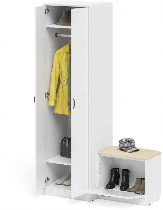 Прихожая П-6 Компоновка № 10, цвет белая шагрень/фасады МДФ белое дерево фрезеровка прованс, ШхГхВ 120х50х210 см., универсальная сборка