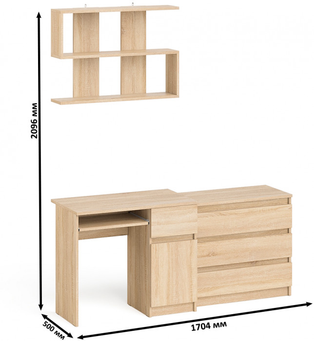 Мори компьютерный стол МС-1 правый + Комод МК800.1 + Полка 900, дуб сонома