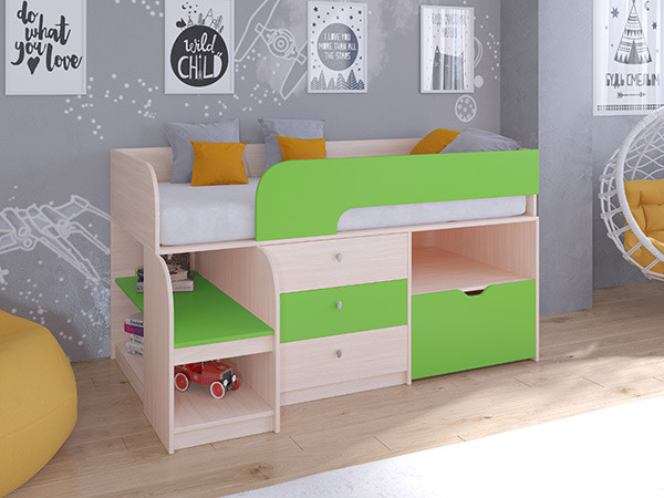 Кровать чердак Астра 9 V5 Дуб молочный/Салатовый