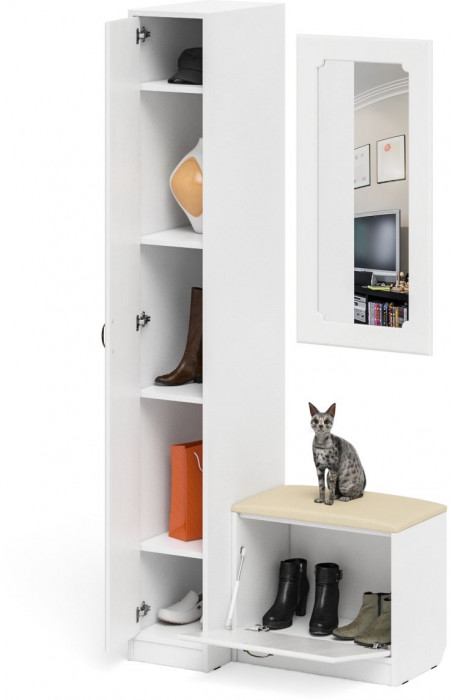 Прихожая П-6 Компоновка № 40, белая шагрень/фасады МДФ белое дерево фрезеровка ромб