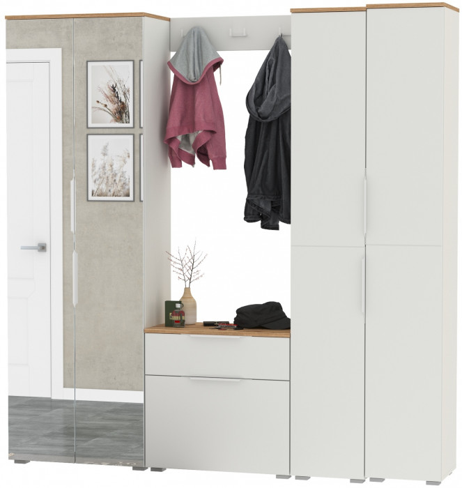 Октава Прихожая 30, цвет белый шагрень/дуб крафт золотой/фасады МДФ белый шагрень, ШхГхВ 193,7х35,4х197,6 см., универсальная сборка