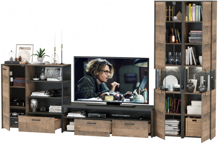 Трувор Гостиная 036, цвет дуб гранж песочный/интра, ШхГхВ 348,4х45,4х210 см., универсальная сборка